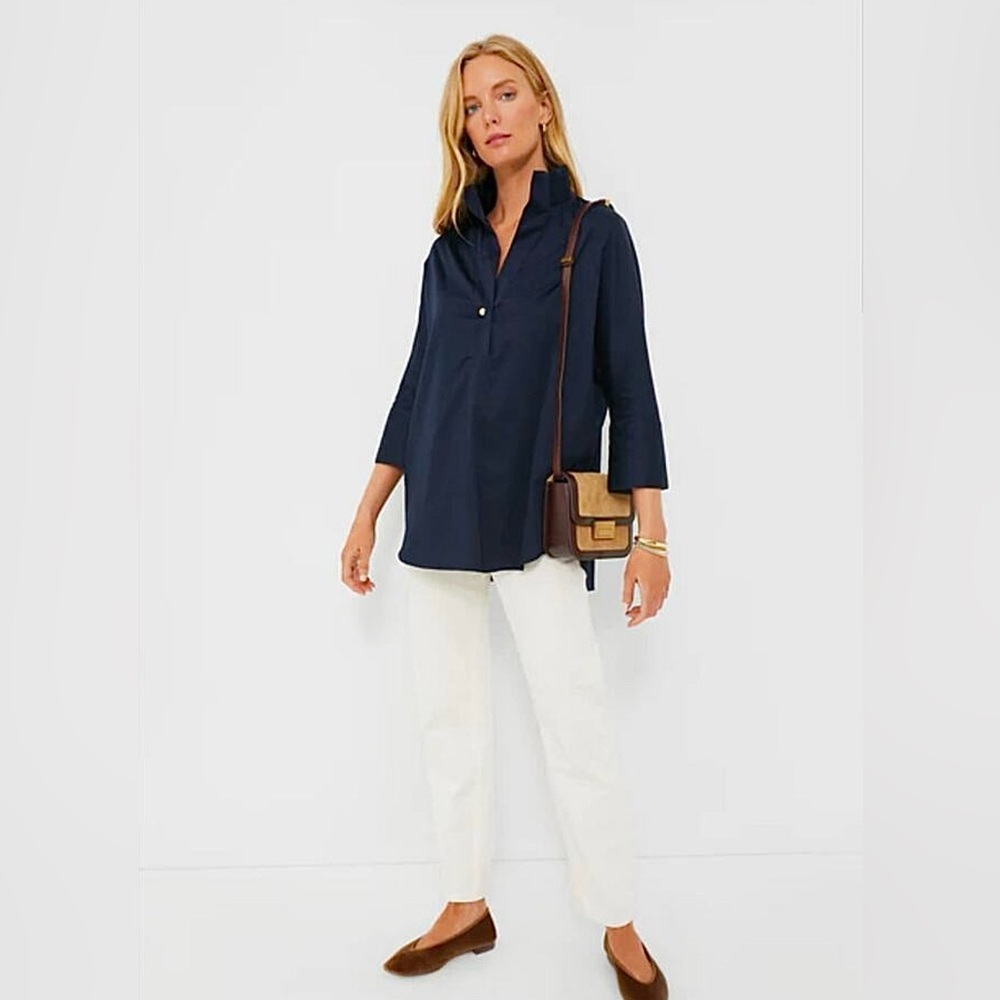 Tuckernuck Minimalist Willow Navy Blue Half Sleeve Poplin Collared Blouse Top